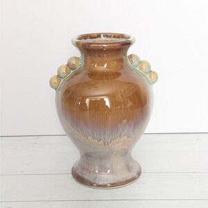 Drip Glaze Pottery Bud Vase Brown Green Beige Earthtone Colors 5" Tall Signed